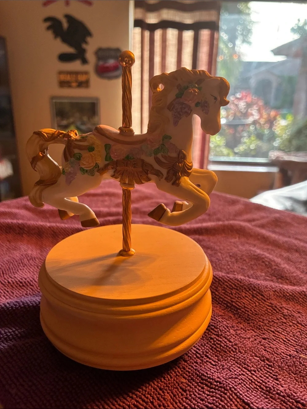 Ivory & Gold Carousel Horse Music Box with Floral Detail